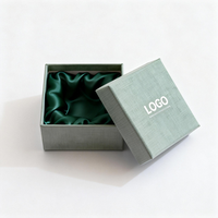 Boîte cadeau rigide avec couvercle et base texturés gris-vert, doublure en satin, emballage haut de gamme écologique pour bijoux
