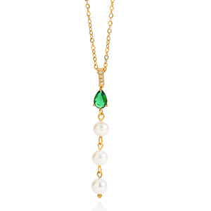 <strong>Gold</strong> <strong>Crystal</strong> Bar Emerald Pearl Necklace Stone Bar Pendant Green Teardrop Gemstone Triple Pearl Drop Women Statement Jewelry - Product Image 3