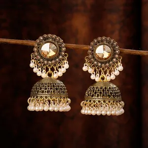 Anting-Anting Berongga Warna Emas Perak Antik Wanita Anting-Anting Jhumka India Lonceng Turki Bulat Mutiara Etnis