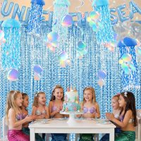 Lanternes en papier en forme de méduse suspendues avec rideaux à franges, serpentins en spirale, décoration de fête sirène pour anniversaire ou baby shower (bleu)