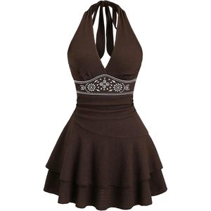 Vestido Halter Estilo Western para Mujer, Floral, Bohemio, sin Mangas, con Espalda Descubierta, Cintura Natural, Corte Ajustado y Evase, Mini, de Punto, Poliéster - Product Image 1