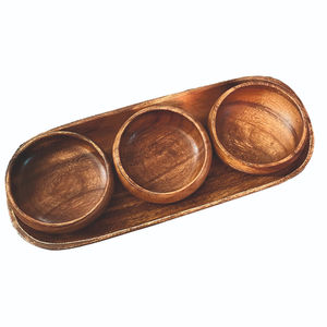 Juego de 3 Tazones de Madera Tallada Ecológicos de Primera Calidad con Bandeja Rectangular para Servir, Estilo Antiguo y Moderno, Acabado Natural - Product Image 1