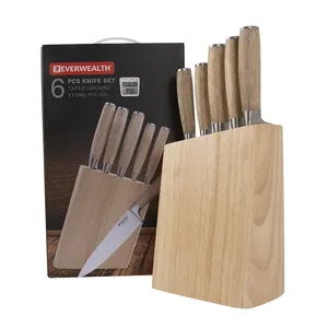 2024 conjunto de faca de cozinha com cabo de madeira de borracha, 6 peças mais vendidas, bloco de madeira