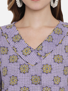 Ensemble Kurti pour femme, violet à motifs floraux, imprimé à la main, col en V, manches longues, avec broderie, coupe ample, style décontracté toutes saisons - Product Image 2