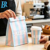 Emballages à emporter pour café, sacs à bonbons rayés, gobelets à café personnalisés avec logo, sacs à biscuits cirés pour boulangerie, gobelets en papier pour gaufres et glaces.