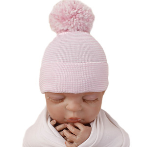 Hot Selling Comfortable <strong>Newborn</strong> Knitted Hospital Hat Baby Boys Girls Sleeping Hats Soft Cotton Baby Beanie Hats With <strong>Poms</strong> on Top - Product Image 2