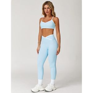 Ensemble de sport pour femme : Soutien-gorge de sport à bretelles spaghetti et dos croisé, Legging taille haute, Tenue de yoga assortie, Bordure contrastante sans couture - Product Image 6