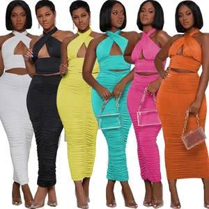 Sexy Two Piece Set Off Shoulder Crop Top Bodycon Draped Maxi Dress Backless Summer Outfits for Women Club Matching Sets