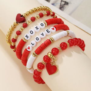 Valentine's Day Beaded <b>Bracelet</b> Set <b>Red</b> Heart Pendant Jewelry Gift for Women Fashion Accessories - Product Image 1