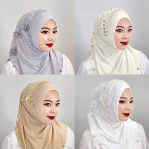 Malay <strong>Women's</strong> Elastic Solid Color Headscarf Cap Beaded Nailed Flower Shawl Cotton Ethnic Cap Winter Logo Available Cross-Border - Product Image 2