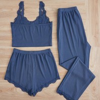 Set Piyama Wanita 3 Potong dengan Atasan Tanpa Lengan Berenda, Celana Pendek, dan Celana Panjang, Ukuran S-XL