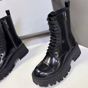 Black glossy leather thick-soled Martin <b>boots</b> with laces with leather straps for motorcycle wear women's mid-calf <b>boots</b> - Product Image 6