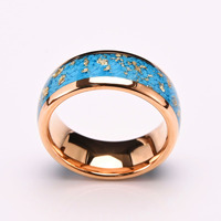 8mm Hommes Tungstène Anneaux Incrustation Bleu Faux Turquoise Pierre et Feuille D'or Anneaux pour Hommes Femmes Mariage Fiançailles Bande Bijoux Cadeau