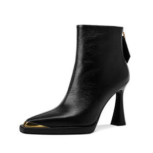 Women's <strong>Black</strong> Leather <strong>Ankle</strong> Boots Pointed Toe Block Heel <strong>Gold</strong> Decor Side Zipper Fashion <strong>Booties</strong> for Office Party Wear - Product Image 6