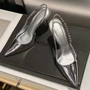 Women's Metallic <b>Pointed</b> Toe Stiletto Heels Chain Decor Slingback Pumps Fashion Party Dress Shoes - Product Image 2