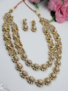 Ensemble de collier long de luxe vintage victorien avec diamants Polki et motif paon |   Ensemble de bijoux de mariée en or jaune 18 carats - Product Image 4