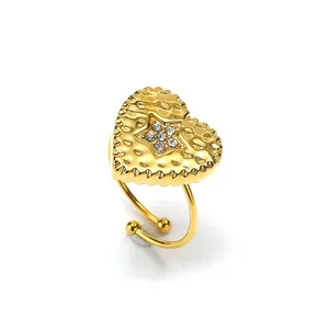 Anello Aperto Regolabile in Acciaio Inossidabile con Cuore <span class=keywords><strong>Martellato</strong></span> e Stella di Cristallo, Gioielli di Moda per Donne - Product Image 6