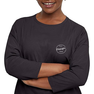 T-Shirt all'ingrosso con stampa personalizzata alla rinfusa <span class=keywords><strong>nera</strong></span> 220 GSM pesante manica 3/4 con orlo curvo in cotone tinta unita per le donne - Product Image 5