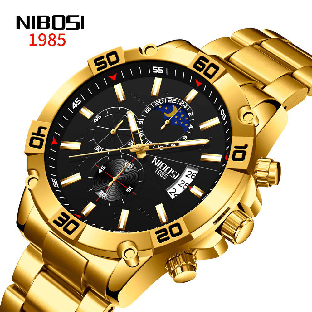 Top Brand NIBOSI Fashion Gold Watch Mens Watches Clock Montre Homme  Chronograph Quartz Watch Men Relogio Masculino