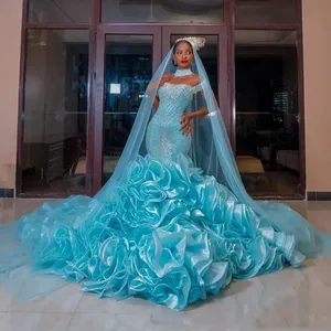 Abito <span class=keywords><strong>da</strong></span> Sera Blu Acqua Stile Sirena con Volant su Misura Lungo in Organza Spalle Scoperte Stratificato con Glitter e Cristalli per Matrimoni e Cerimonie - Product Image 2