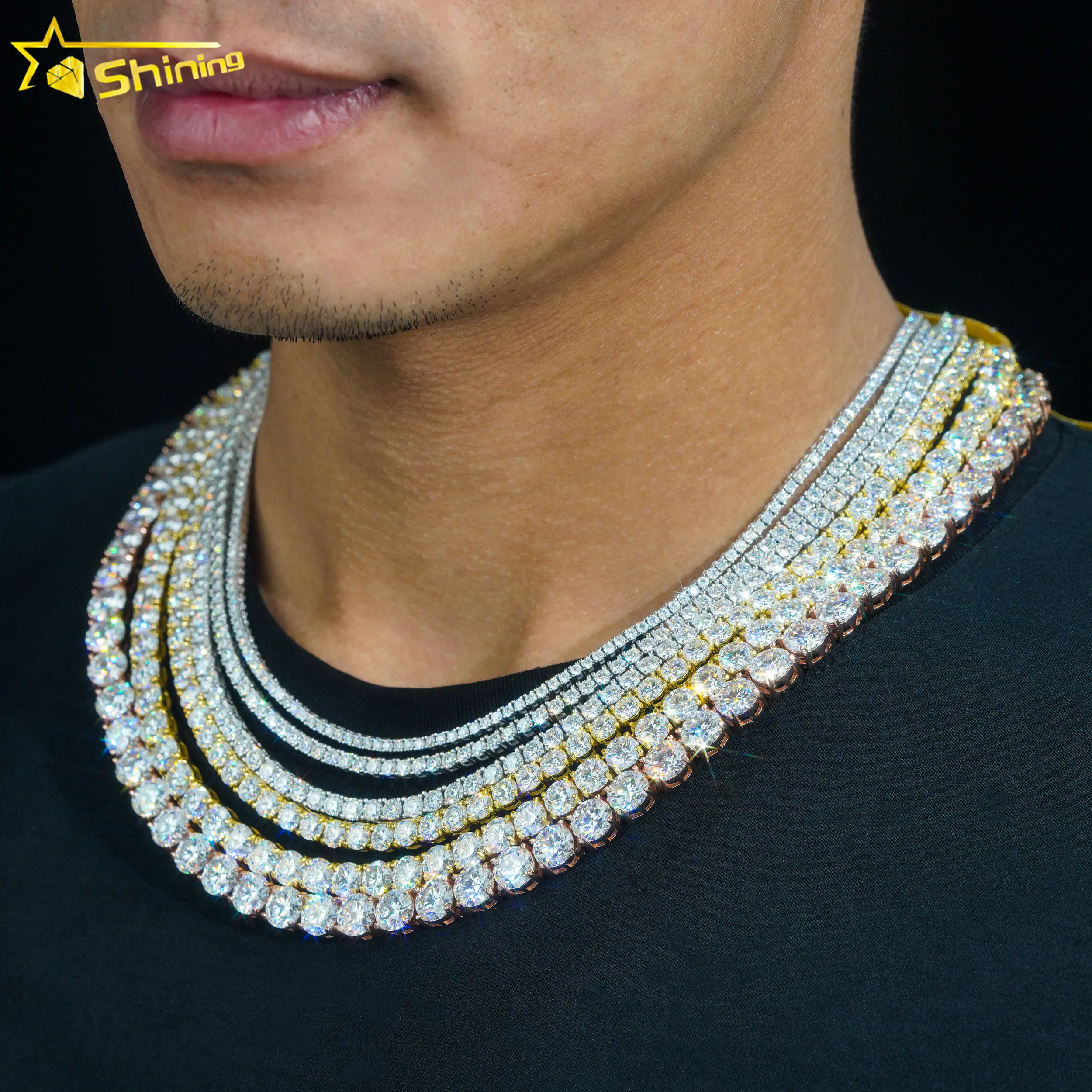 Hip hop Iced ra D màu trắng vvs 925 Sterling Bạc 2mm 3mm 4mm 5mm 6.5mm moissanite kim cương Tennis Vòng Đeo Tay Chuỗi vòng cổ