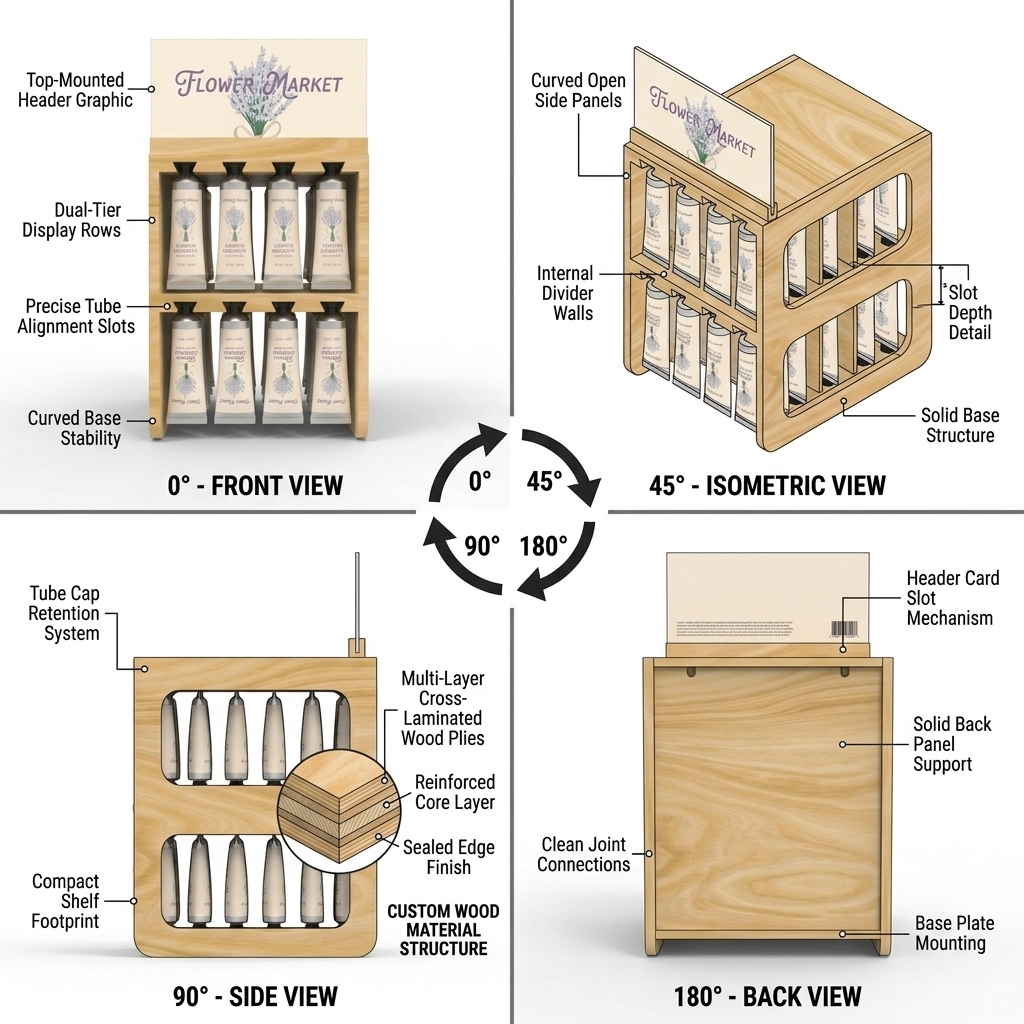 Custom Wood Skincare Display Stand Gravity Fed Auto Feed Cosmetic Rack 2 Tier Countertop Hand Cream Organizer Manufacturer OEM — view 3