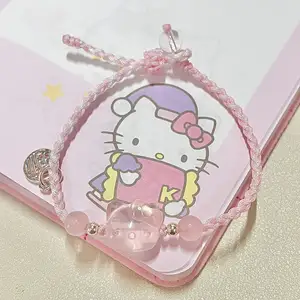 Women Girls Sweet Cute Handmade Woven Pink Rope Silver Lucky Fortune Tag Resin Pink Hello Kitty Cat Bracelet for Jewelry Gift