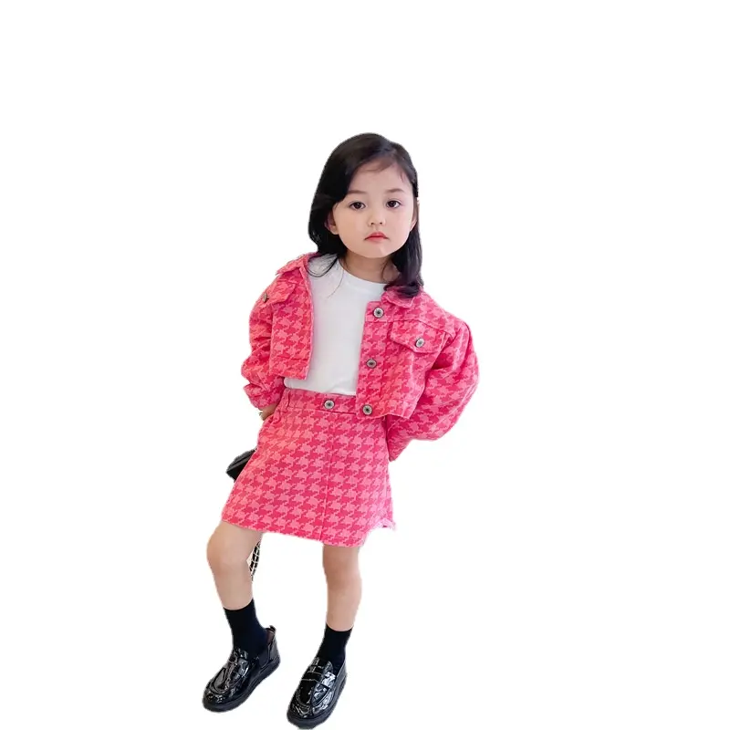 XINGKONG Latest Korea Style Short Skirt Set Fashion Toddler Girl Pink Printed Kids Cardigan 2-pieces Clothing Set