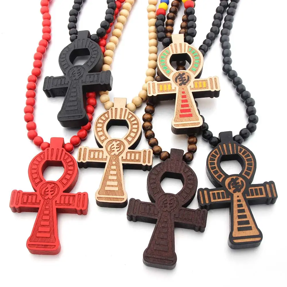 MSYO Hip Hop Wooden Jewelry Geometric Cross Pendant Wooden Beads Beaded Stacking Men Necklace