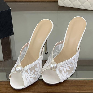 Flower Lace Upper Women on Sandals Dress Wedding Pearl Stiletto Party Shoes Thin High Heels Peep Toe Mules <b>Slides</b> - Product Image 5