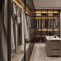 Système de dressing autoportant moderne sur mesure avec portes vitrées, cadre métallique, éclairage LED et îlot en marbre pour dressing et salon