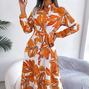 Robe chemise longue élégante à lacets pour femmes Robe quotidienne antistatique et anti-rides imprimée de fleurs à la mode - Product Image 1