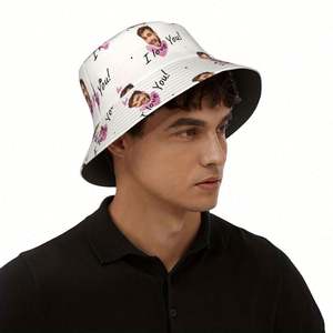 Bob unisexe en polyester avec impression photo personnalisée 'I Love You' et motif feuille de dessin animé – Casquette de pêcheur idéale pour un style urbain masculin - Product Image 2