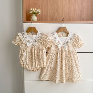 Tutina Estiva per Bambine, Nuovo Modello Floreale con Fiocco in Pizzo, Maniche a Sbuffo in Cotone, Stile Principessa Morbido - Product Image 1