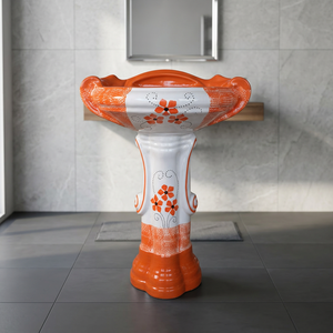 Vitrossa Flower Design Big Sterling Ceramic Pedestal Wash Basin Set Marble Style Bathroom Sink - Product Image 3