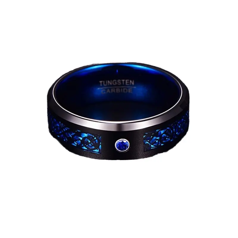 Blauer Zirkon-Wolfstenstahlring mit schwarzem Drachen-Design klassischer Unisex-Schmuck aus Blauer Faser Kupfer für Verlobung Geschenkparty