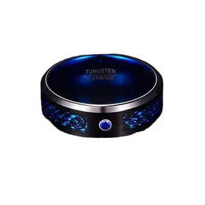 Blue Zircon Tungsten Steel Ring with Black Dragon Design Classic Unisex Blue Fiber Copper Jewelry for Engagement Gift Party