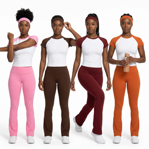 Custom Logo Women Raglan Sleeve <b>Two</b> <b>Piece</b> <b>Set</b> Short Sleeve Crop and High Waist Pants Summer <b>Lounge</b> Outfit - Product Image 5