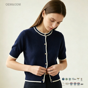 French Style Nautical Preppy Contrast Trim Premium <strong>Navy</strong> Blue Cashmere Wool Short Sleeve <strong>Cardigan</strong> with Polished Gold Buttons - Product Image 1