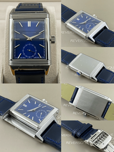 Men Vintage-Style Reversible Dress Watch with Stepped Bezel Polished Metal Case Genuine Leather Strap - Product Image 4