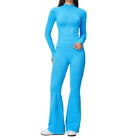 Nouvel ensemble 2 pièces transfrontalier pour le yoga et le sport : Manteau uni à manches longues avec fermeture éclair et pantalon évasé, haute élasticité, sans couture, séchage rapide