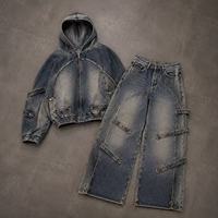 Ensemble sweat à capuche zippé et pantalon en jean délavé vintage pour homme – Ensemble streetwear baggy déchiré en jean épais style workwear
