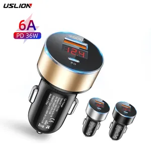 USLION Grosir Pengisi Daya Mobil Cepat Tipe C + USB QC 3.0 Pengisi Daya Ponsel Tampilan Digital LED untuk Samsung S22