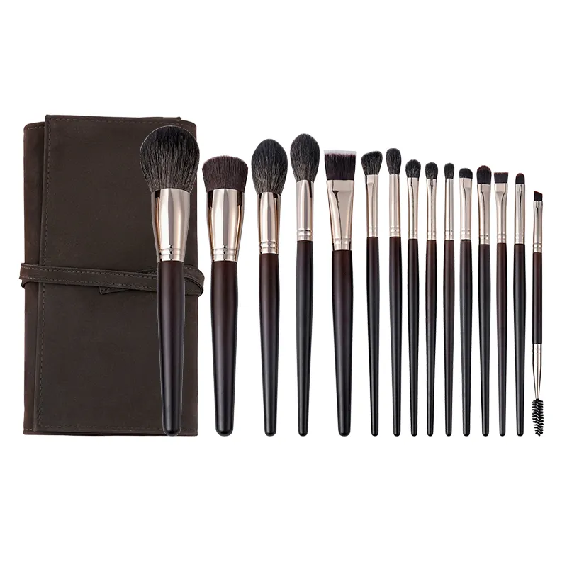 Makeup Brush Set Discount HXT-128 Haixin Makeup Supply Anime Makeup Brush Aluminium Tube 15 Pcs Natural Goat Hair Makeup Brush Set With Pocket