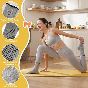 Chaussettes de Pilates pour femmes avec volants et broderie nœud, antidérapantes avec grip en silicone, pour le yoga et le sport - Product Image 2