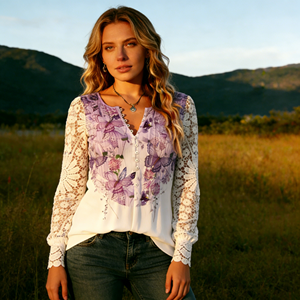 Blusa de Mujer de Talla Grande con Encaje Estilo Europeo, Manga Larga, Estampado Floral, Cuello en V con Botones, Casual, para Primavera, Verano y Otoño - Product Image 4