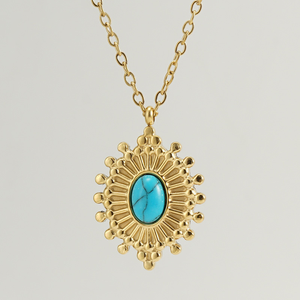 Vintage 18K chapado en oro de acero inoxidable bohemio azul turquesa personalizado textura colgante collar para mujer joyería de moda - Product Image 5