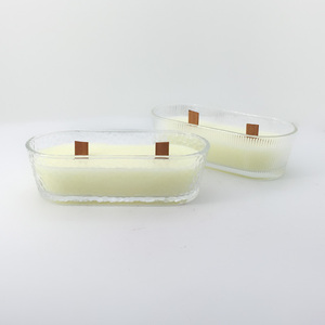Proveedor LO94 de gama alta, soporte de vidrio grueso con forma de barco ovalado clásico, mechas de madera dobles, vela perfumada para decoración del hogar y uso en la oficina - Product Image 2