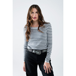 Maglione a Righe Grigie in Maglia Fine con Scollo a Barca - Product Image 3