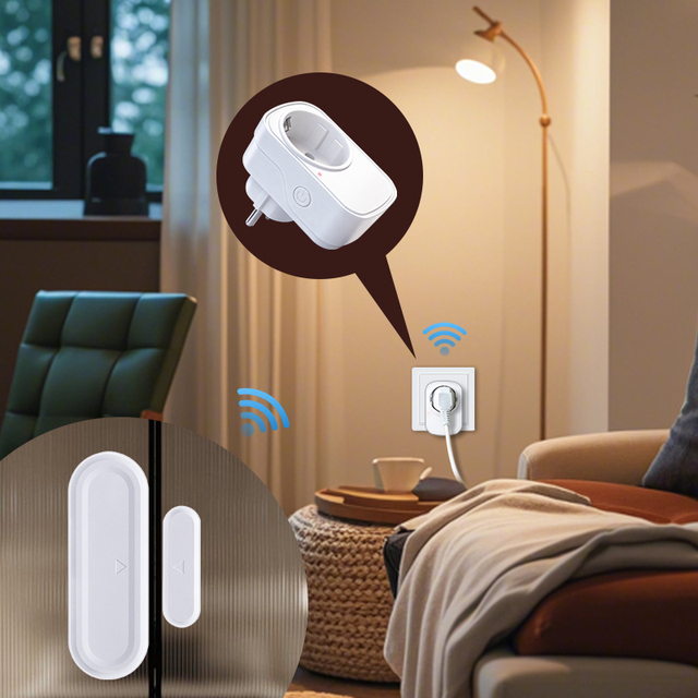 EU 15A Wireless Plug with 433MHz Door Window Magnetic Sensing 1500W Safety Socket for Elderly Care Home Automation